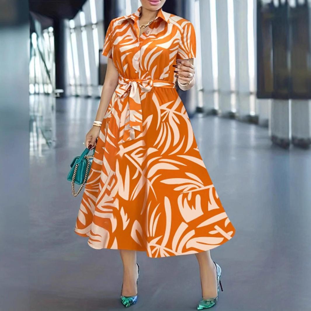 

JKASHDK Women s Fashion Summer Spring Colour Block Print Short Sleeve POLO Neck High Waist Casual Dresses XXL оранжевый