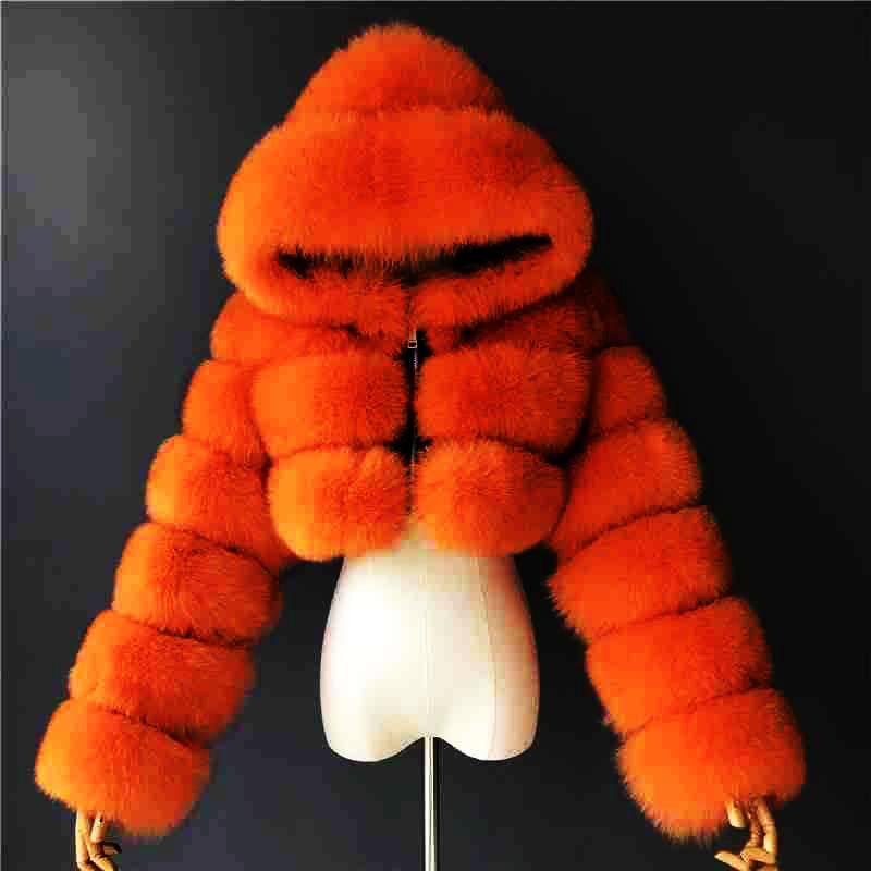 Chlupaté Zkrácené Bundy z Umělé Kožešiny Dámské Nadýchaný Vrchní Kabát s Kapucí Rovný Krátká Zimní Kožešinová Bunda Módní Streetwear
