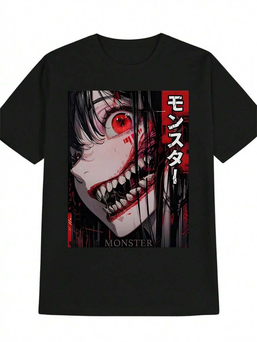 

Men S Casual Crew Neck T-Shirt With Monster Graphic Print - Red Eyes & Sharp Teeth Design, Soft 5XL різнокольоровий