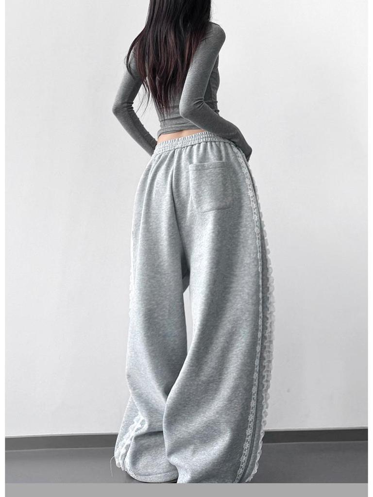 Damen Jogginghose 2025 Schwarz mit seitlicher Spitze - Elastischer Bund, Vielseitig Weiter Schnitt, Lässige Street Dance Hose