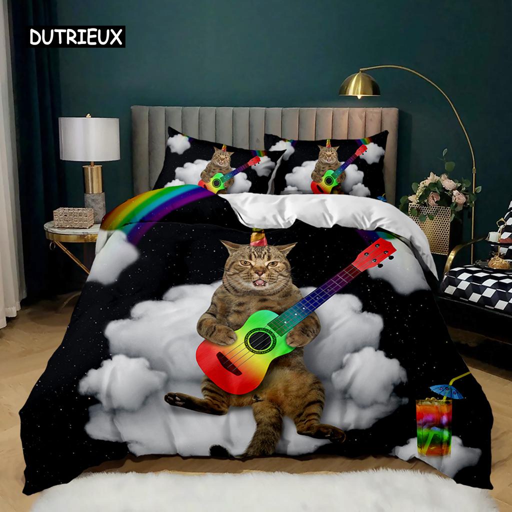 Cartoon Cat Duvet Cover Set Cute Cat Head Room Decor Bedding Set Colorful Pet Twin Double Queen King Size Polyester Qulit Cover