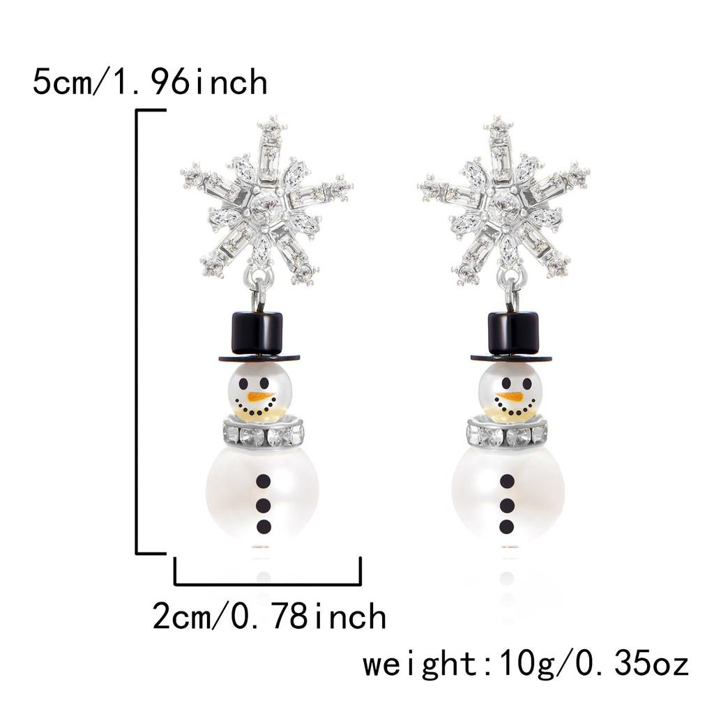 1 Pair of Fashion Christmas New Year Earrings Creative Pearl and Diamond Snowflake Snowman Christmas Earrings Crystal Holiday Ear Hook Zircon Earrings