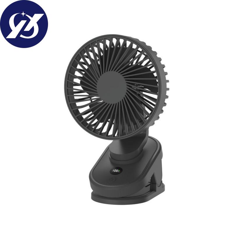 Mini ventilator cu clips, ventilator de birou puternic reîncărcabil prin USB, afișaj digital cu 3 viteze reglabile
