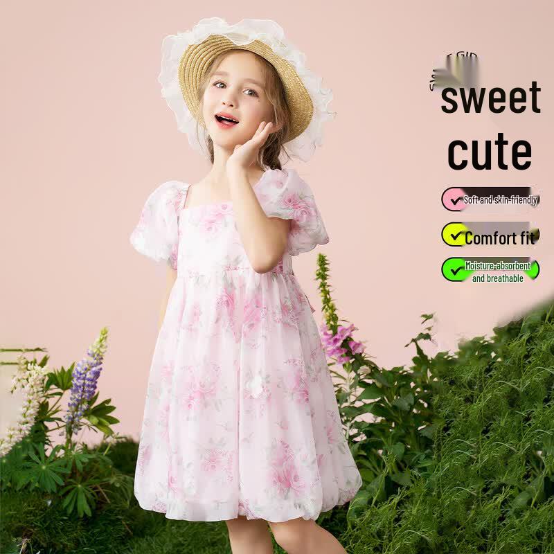 ABC KIDS Girls  Embroidered Mesh Puff Sleeve Princess Dress 160