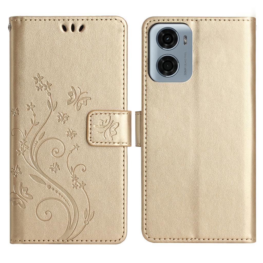 Skórzane etui portfelowe dla Motorola Moto G05 4G z nadrukiem motyla i kwiatów, pokrowiec na telefon ze smyczą