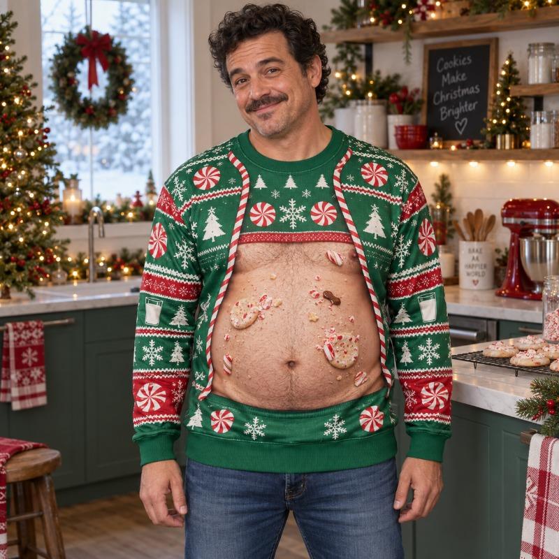 Funny Santa Cookie Belly Ugly Christmas Sweater Men 3D Print Polyester Crewneck Sweatshirt Holiday Party Pullover