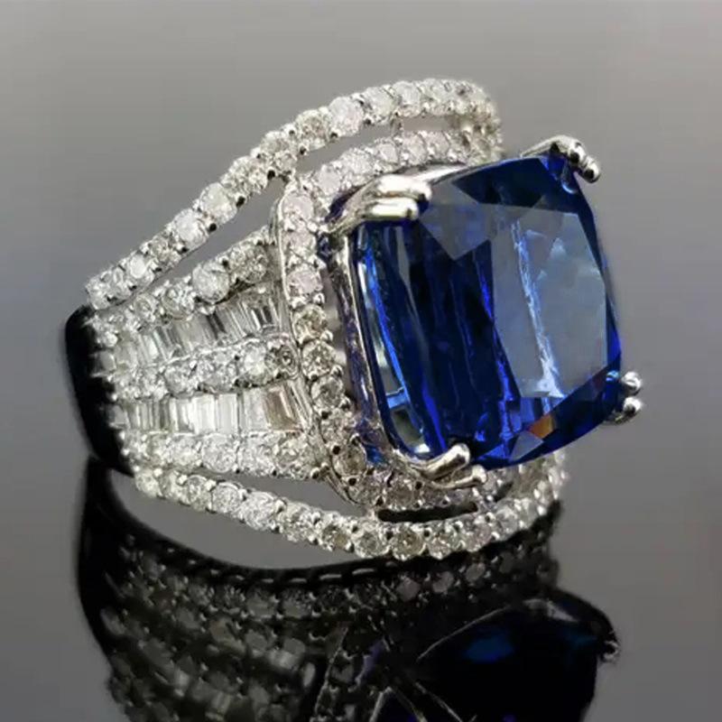 European and American High-end Blue Zircon Ring, Women s Micro Inlaid Square Fat Geometric Proposal, Wedding Noble Accessories 9