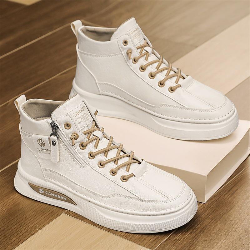 Leather High-Top Casual Little White Shoes Autumn Men'S Sports Flat-Bottomed Elastic Band Foot Shoes Men'S Shoes