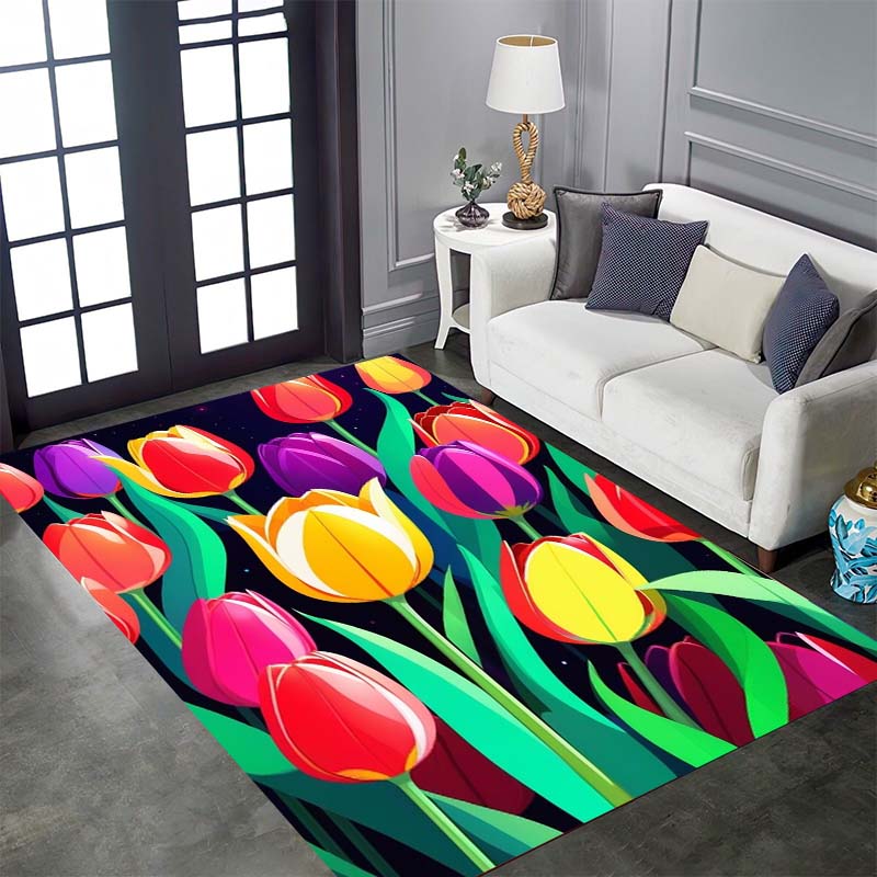 Vintage Floral Tulip Patterned Floor Mat, Non-slip, Machine Washable, Suitable for Living Rooms, Bedrooms, and Home Décor.