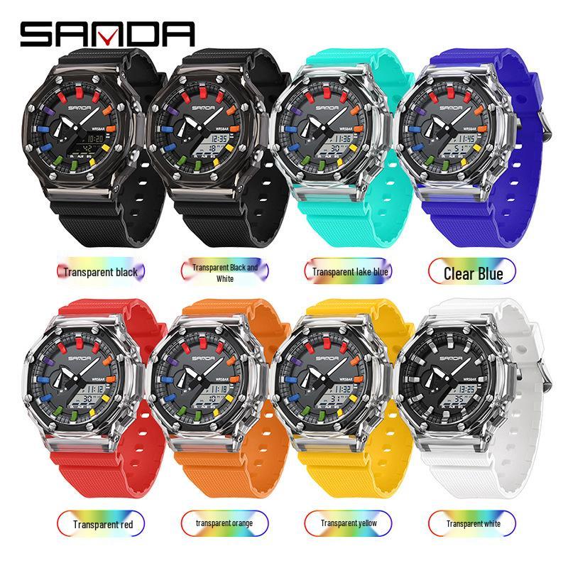Sanda Octagonal Transparent Multifunctional Waterproof Unisex Wristwatch