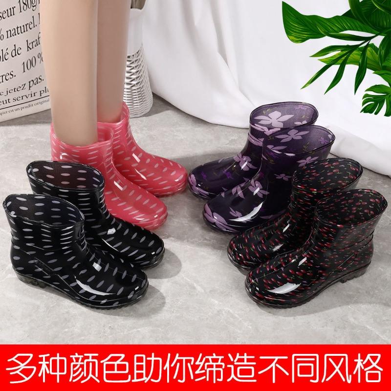 Four seasons rain shoes women's short tube adult velvet rain boots fashionable waterproof shoes women's non-slip medium tube overshoes keep warm