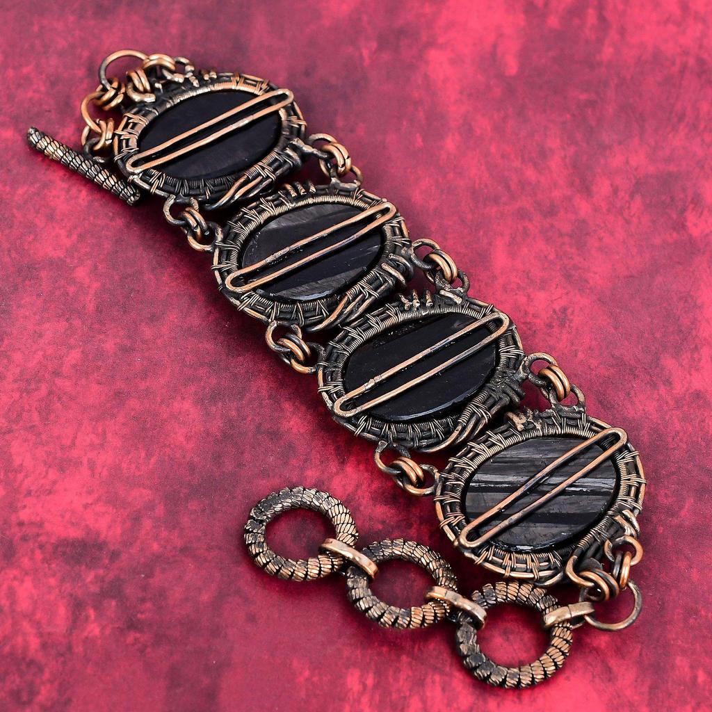 Pulseira de Hiperstena pulseira de pedra preciosa enrolada em fio de cobre joias de cobre únicas pulseira com corrente ajustável joias de cobre feitas à mão com enrolamento de fio