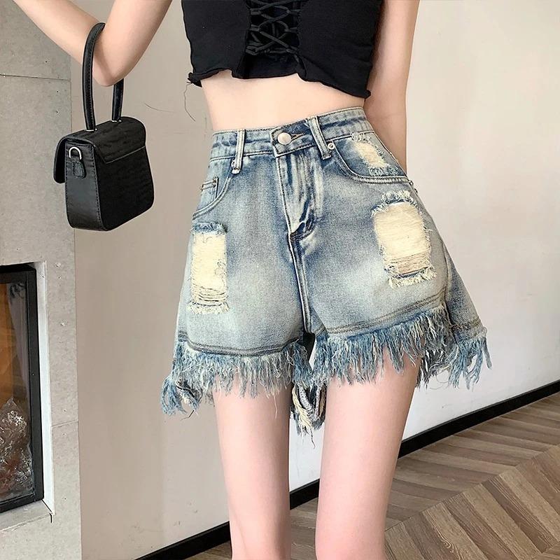 

High-waisted Denim Shorts for Women New Summer Style Loose Slimming Straight Pants A-line Wide-leg Hot Pants 3XL синій