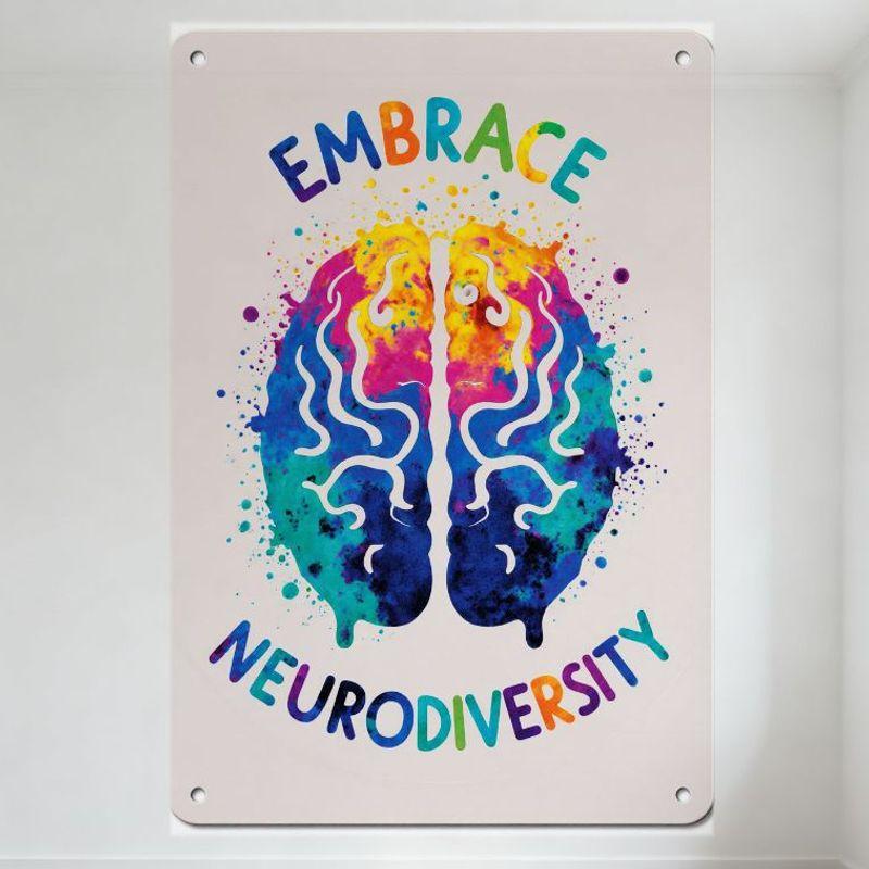 

Embrace Neurodiversity Watercolor Brain Metal Tin Sign with Colorful Splashes, Mountable Corners for Home Office Wall Decor 20x30cm（7.8x11.8inch）