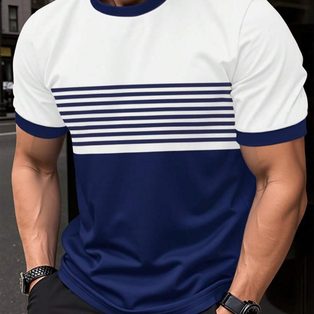 Herren T-Shirt Sommer Mode Lässig Rundhals Kurzarm Oberteil Gestreift Bedruckte Kleidung