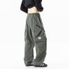 Solid Color Deconstruction Overalls Men's Ruffian Handsome Big Pocket Casual Pants Design Sense Pure Cotton Green Straight Wide-leg Pants