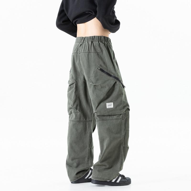 Solid Color Deconstruction Overalls Men's Ruffian Handsome Big Pocket Casual Pants Design Sense Pure Cotton Green Straight Wide-leg Pants