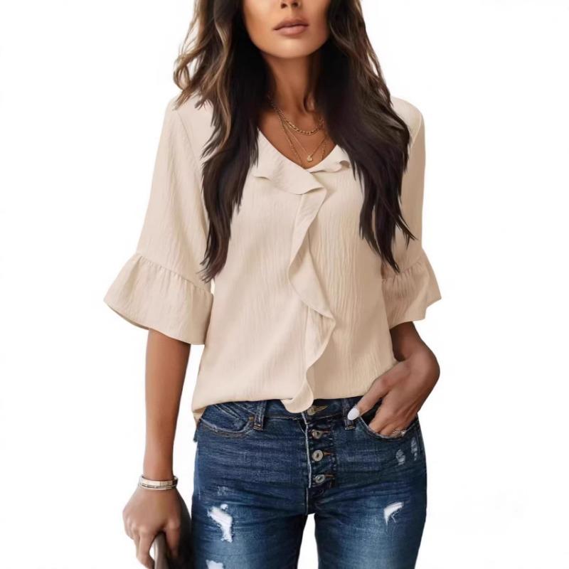Womens V Neck Ruffle Front Blouse With Crinkle Texture Flare Half Sleeve Casual Solid Color Top