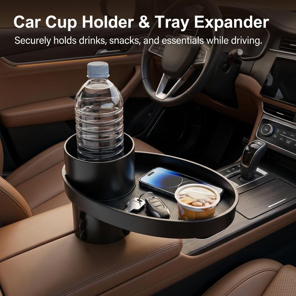 Detachable Car Cup Holder Double Layer Tray Cell Phone Holder Expandable Food Table Sturdy Base for Long Road Trips Table Tray