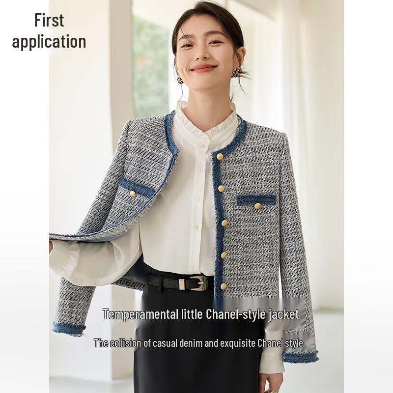 

Chushen Women s Round Neck Tweed Plaid Short Jacket with Frayed Edges L