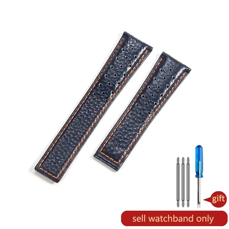 For TagHeuer Genuine Leather Solid Stainless Steel Fold Buckle Monaco Series Classic Blue Orange Line Cowhide 22mm Watch Strap