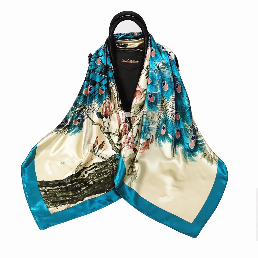 90cm Spring Summer Imitation Silk Square Peacock Headscarf Wrap Scarf Women's Shawl Bandana Female Head Hijab