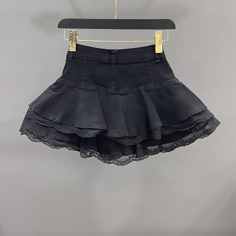 Spring Women s Sweet Lace Pocket Splicing Denim Skirt Women s High Waist Fluffy Cake Skirt S чёрный