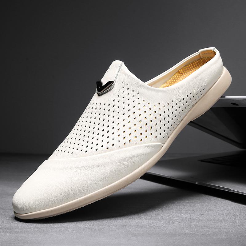 Fashion Summer Men's Shoes Black Leather Business Mules Casual Shoes Fashion Slip On Men Loafers Half Slippers Sapato Masculino Mocassin