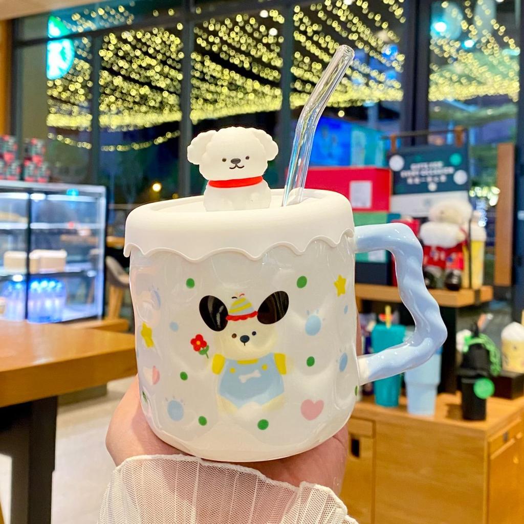 Cute Cartoon Cup Straw Cup Ins Style Mug with Lid Home Gift for Girls Birthday Couple Cup Ceramic Cup