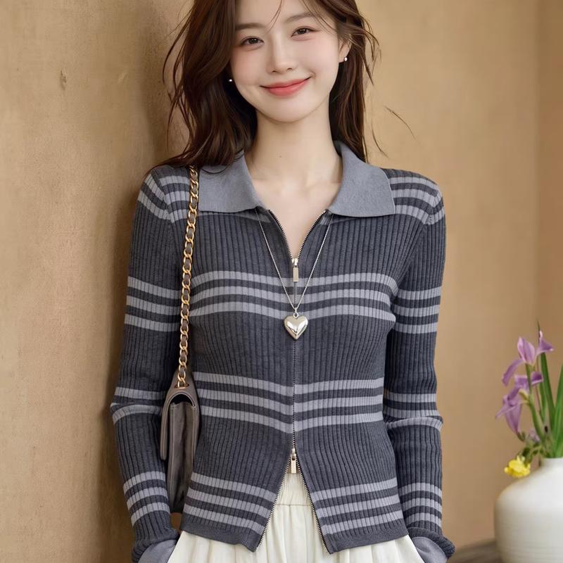 La Chapelle Women's Striped Polo Collar Knit Cardigan