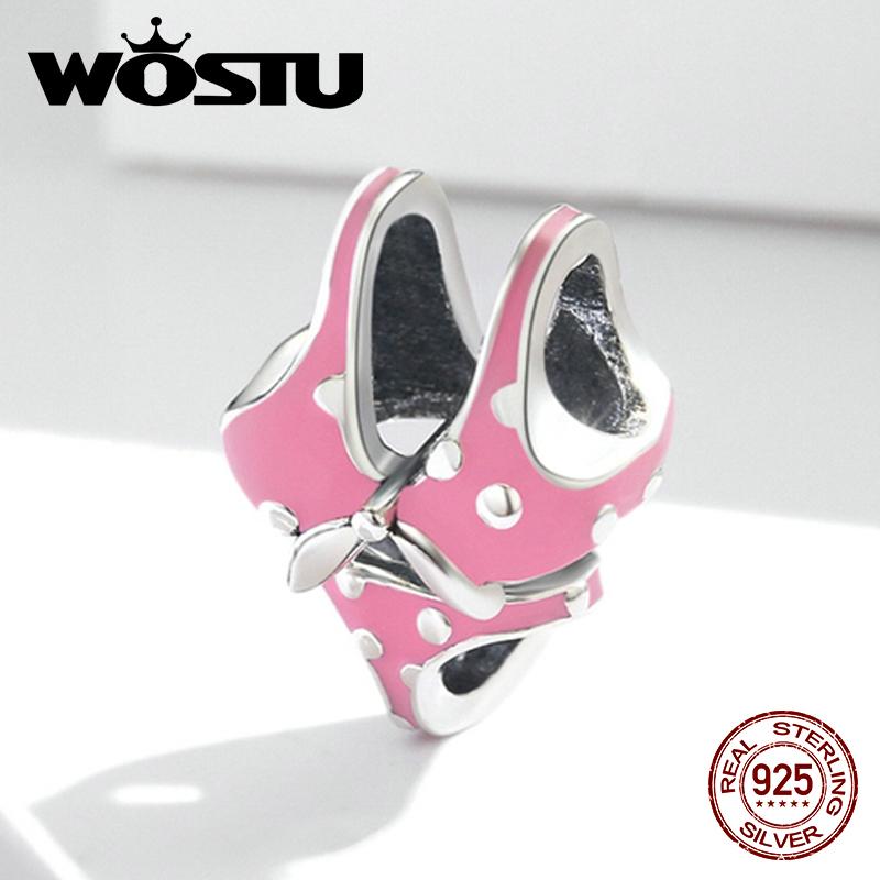 

WOSTU эмалированный розовый пляжный костюм бикини из стерлингового серебра 925 пробы с очаровательными бусинами подходит для оригинального браслета DIY ювелирных украшений