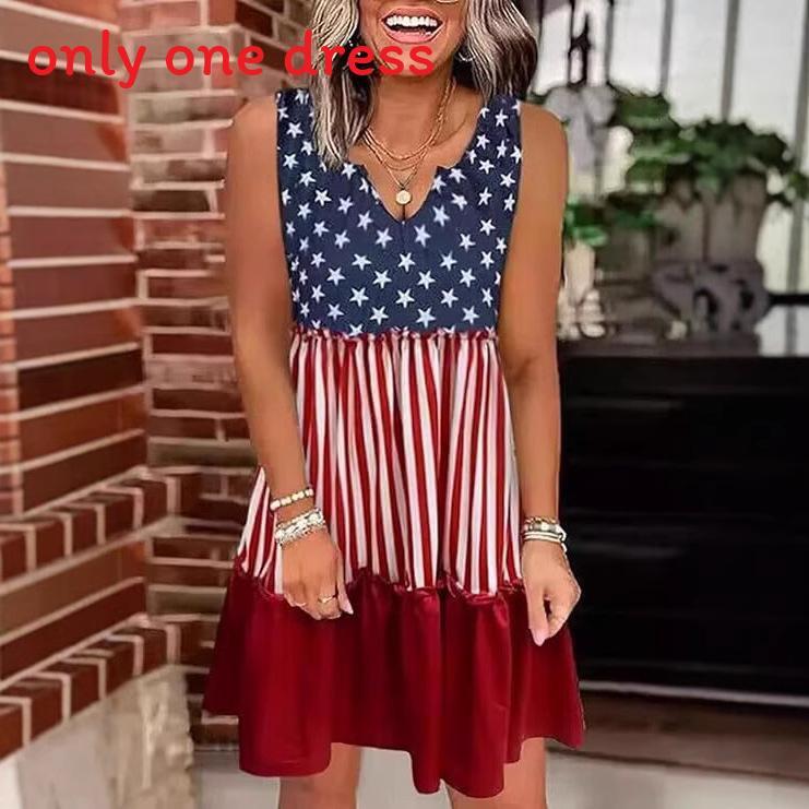 Vintage American Flag Sleeveless Vneck Dress With Polyester Fabric For Casual Wear