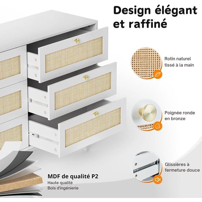 6-Drawer Rattan Chest of Drawers, Storage Furniture, Bedroom Chest of Drawers with Drawers, 120 X 40 X 85 Cm White