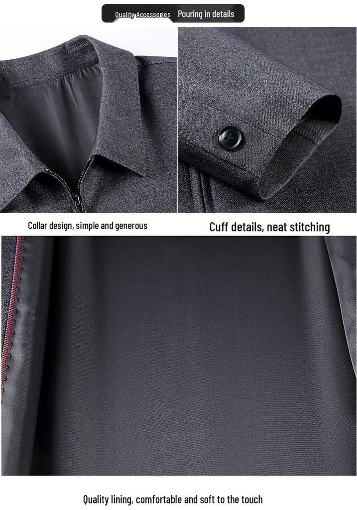 Men's Classic Wool Jacket - Spring/Autumn, Middle-Aged & Elderly, Business Casual Lapel with Zipper.
