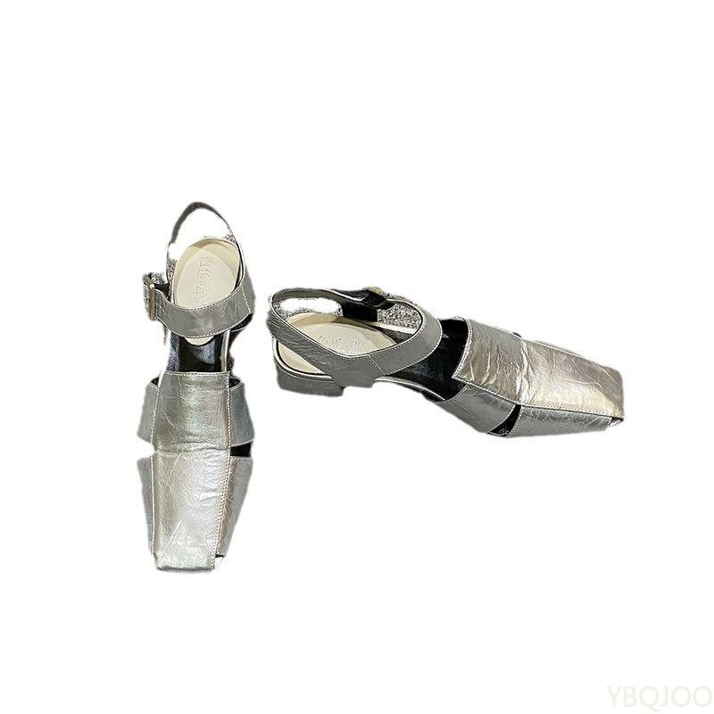 2025 new Summer Hollow Out Women Sandals Fashionable versatile Silver Chunky Pumps Luxury Design Buckle Strap Slingback Shoes