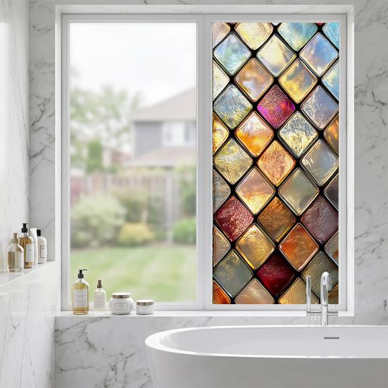 Statische Glasfolie, Fensterfolie mit farbiger Glasstruktur, UV-lichtblockierende, wasserdichte, staubdichte Sichtschutzfolie für die Heimdekoration
