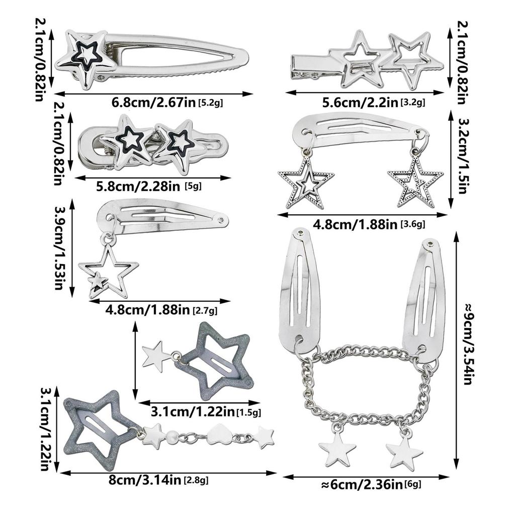 10Pcs/5Pcs Star Pendant Hair Clips Unique Pentagrams Barrettes for Women Hair Accessories Metal Chain Gothic Hair Pins