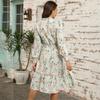 Autumn Winter Women Long Sleeve Print Elegant V-neck Casual A-Line Knee-Length High Waist Dress
