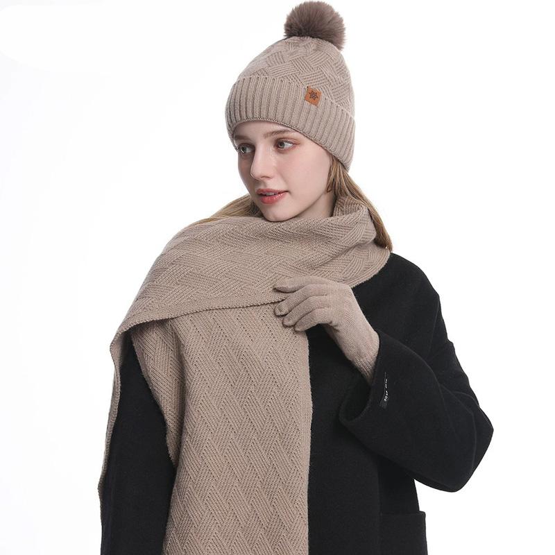 3pcs/set Hat Scarf For Women Gloves Set Outdoor Riding With Touch Screen Winter Pompom Hat Knit Beanie Fleece Lined