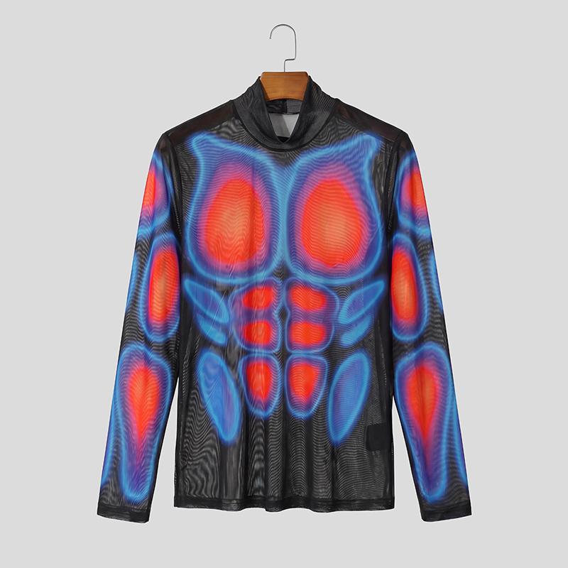 INCERUN Men Long Sleeve Mesh Sheer See Through Print Party Fitted T-shirts Tops