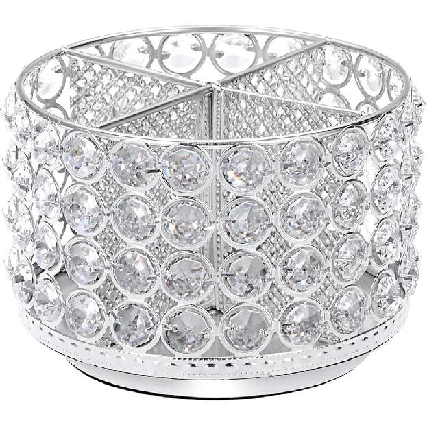 BTSKY Crystal 360 Degree Rotating Desk Organizer Decorative Storage Box with 4 Compartments, Glitter Metal Makeup Brush Holder Elegant Storage Caddy