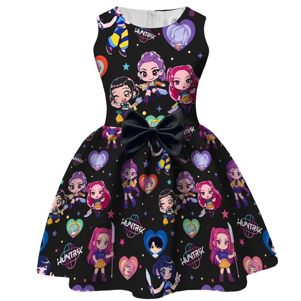 

Kids Girls Anime Cartoon K-Pop Hunters Rumi Zoey Mira Printed Bow Sleeveless Casual Dress 150cm чорний