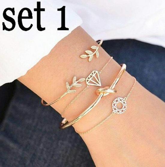 Trendy European & American Triangle Love Tree Leaf Bracelet Set - 4 Pieces