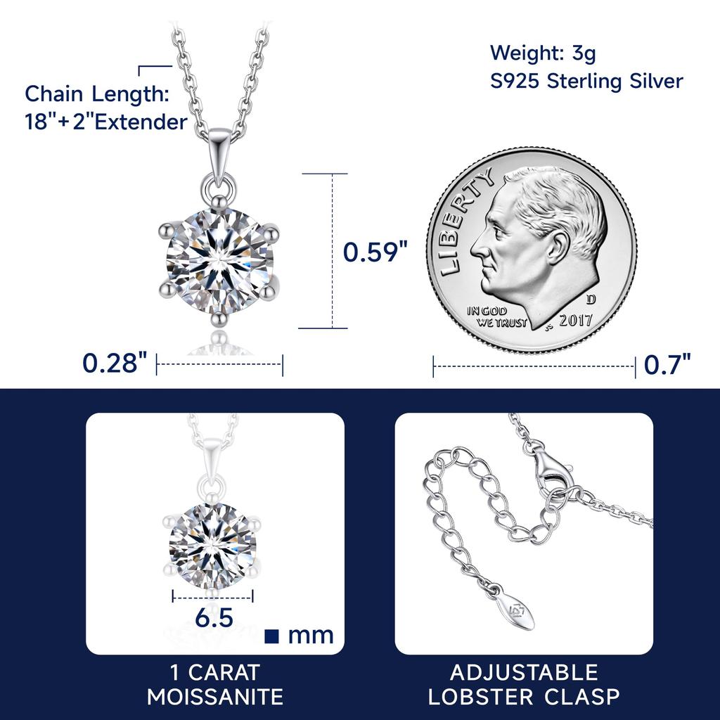 MomentWish Moissanite Necklace for Women, 1 Carat Moissanite, Simple Silver 925 Pendant, Birthday or Anniversary Gift (40cm Long + 5cm Adjuster), Incl