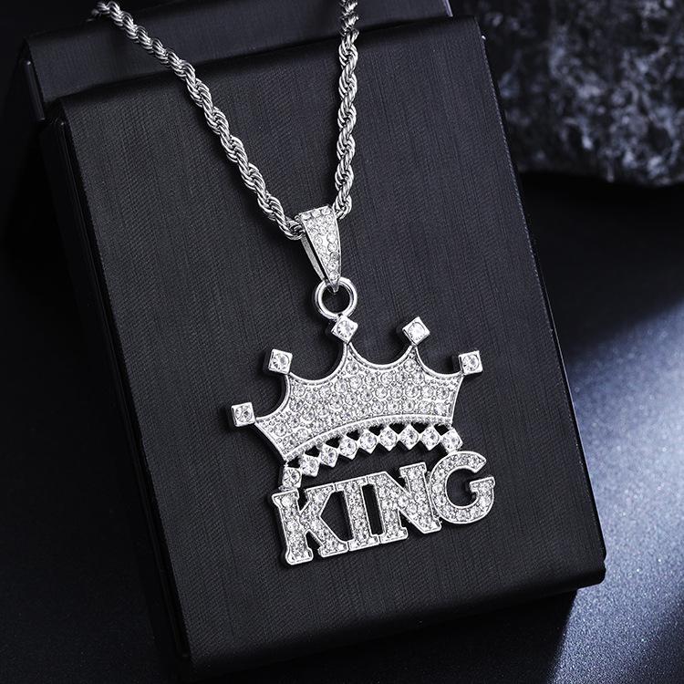 Unisex European and American Crown Letter KING Full Diamond Pendant Necklace - Trendy Hip-Hop Jewelry