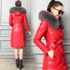 2 Leather Jacket Fur Women's Imitation Fox Fur Collar Medium and Long Hooded Cotton Thickened Slim and Thin Jacket