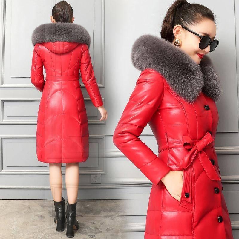 2 Leather Jacket Fur Women's Imitation Fox Fur Collar Medium and Long Hooded Cotton Thickened Slim and Thin Jacket