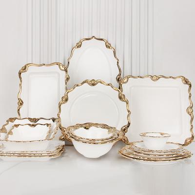 Gold Edge Luxury Embossed Fine Design Tableware Set Ceramic Plates Fish Plates Bowls Western Food Plates Steak Plates