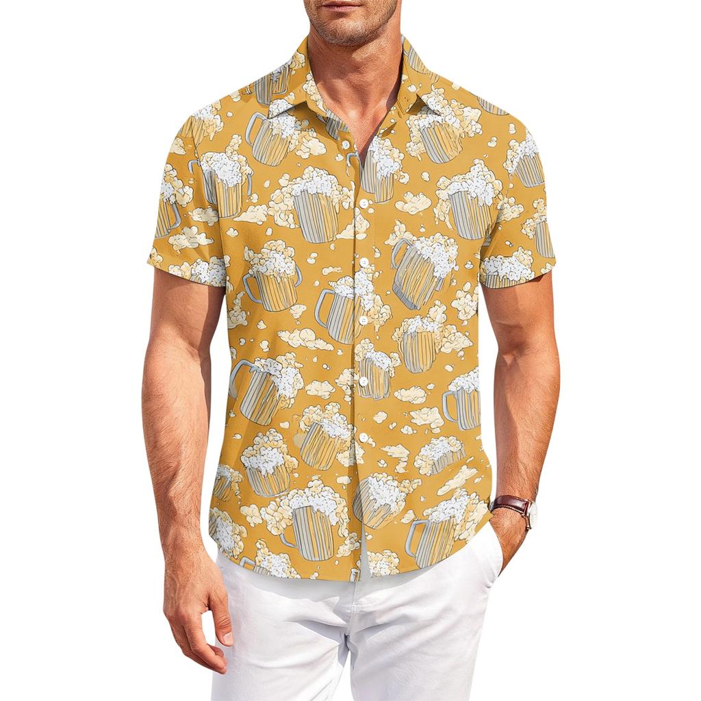 Camicia da uomo casual a maniche corte con bottoni, vestibilità larga, con stampa a motivo birra, per l'estate, da esterno e per l'uso quotidiano