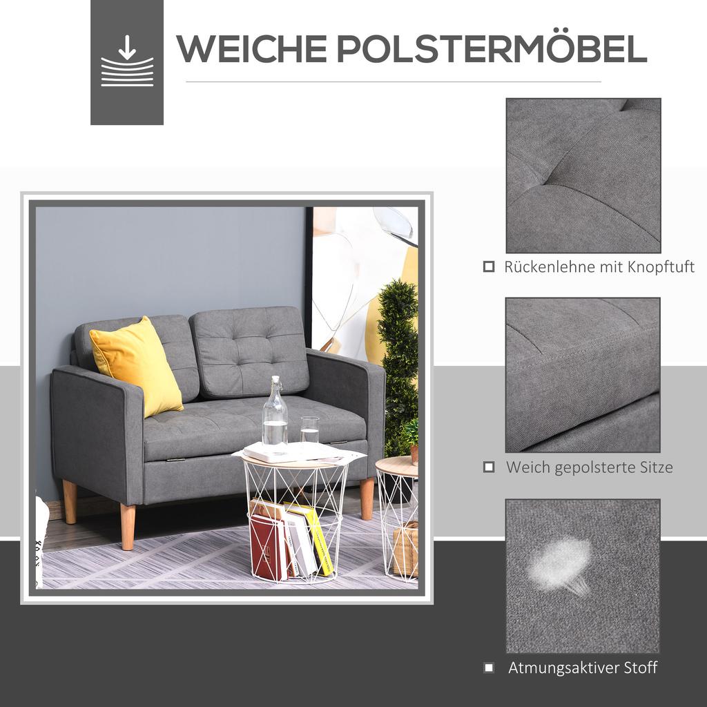 2-Seater Sofa, Couch with Storage, Wooden Legs, Padded Upholstered Sofa with Velvet Look for Living Room, Bedroom, 117 x 62 x 78 cm, Gray